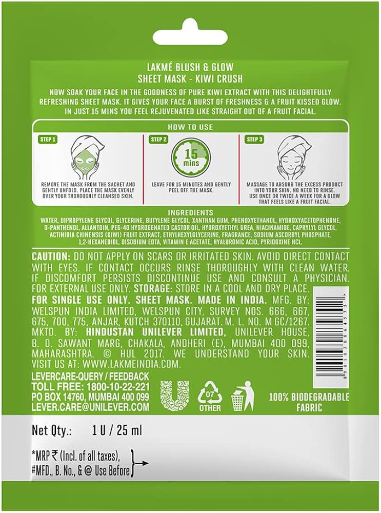 Lakme Kiwi Crush Fruity Licious Sheet Mask 25ml - Image 3